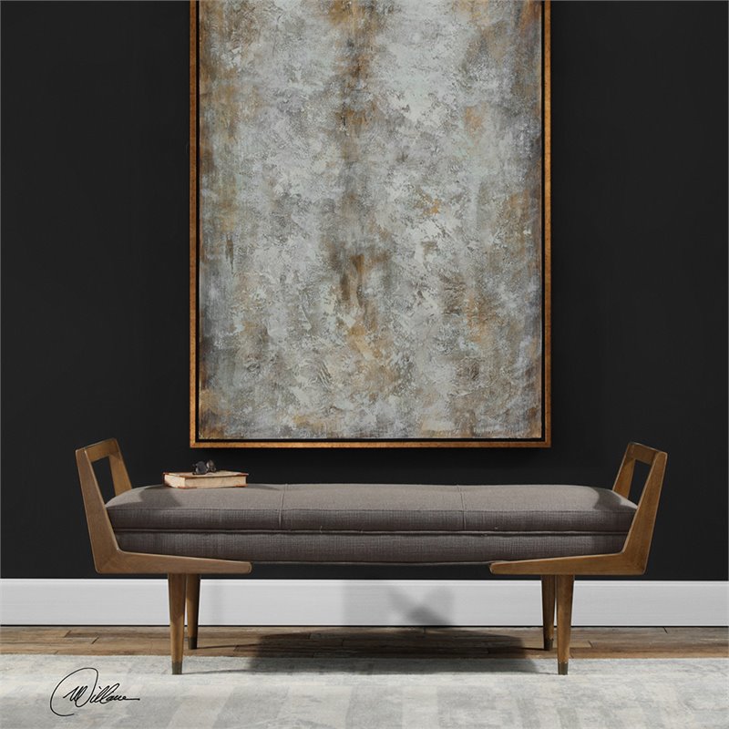 Uttermost Waylon Wood Metal and Fabric Tufted Bench in Taupe and Oak