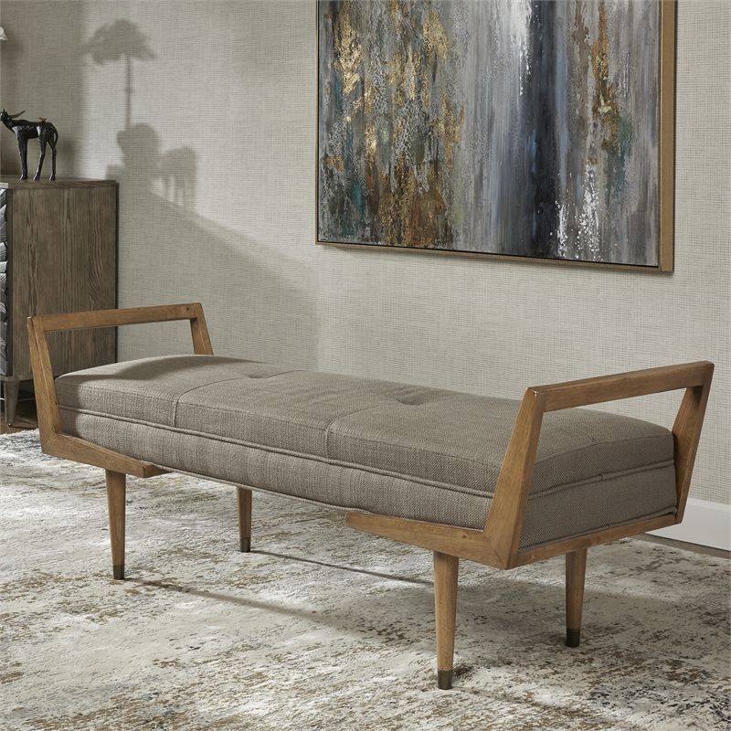 Uttermost Waylon Wood Metal and Fabric Tufted Bench in Taupe and Oak
