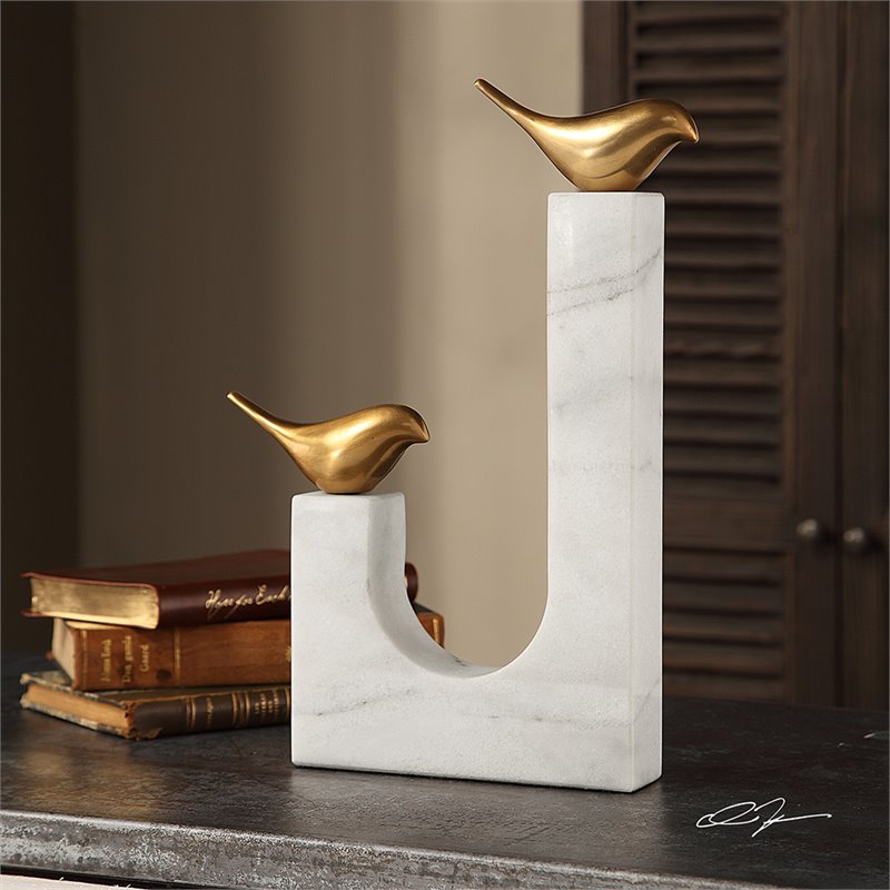 Uttermost Songbirds Brass and Marble Sculpture in White and Brass