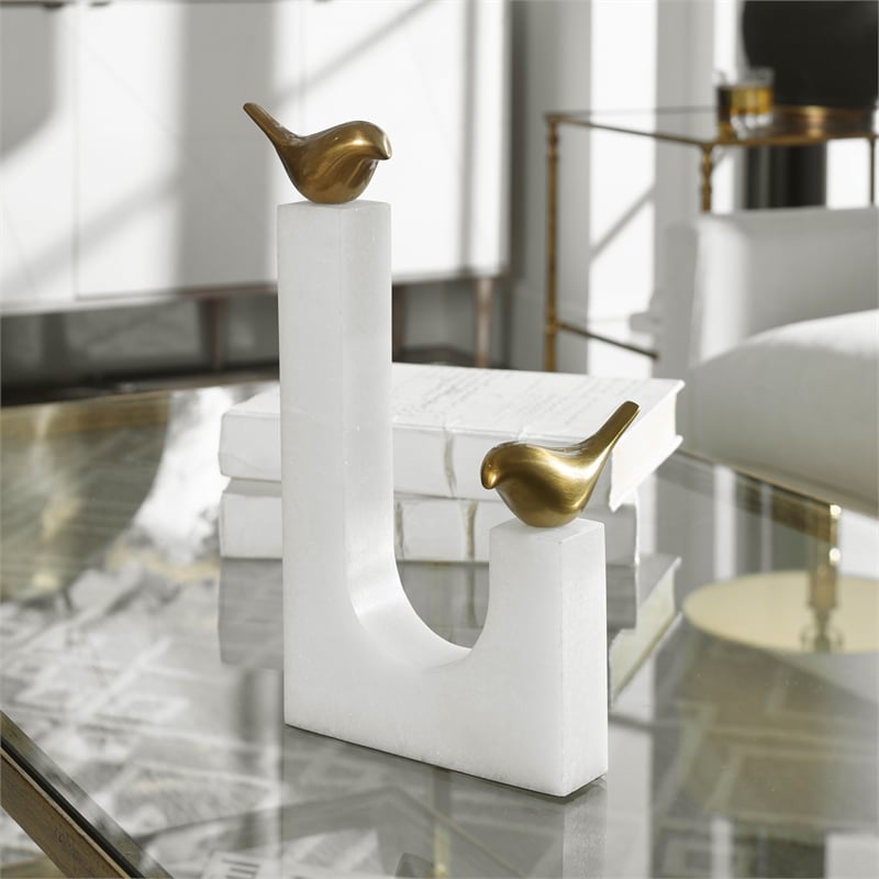 Uttermost Songbirds Brass and Marble Sculpture in White and Brass