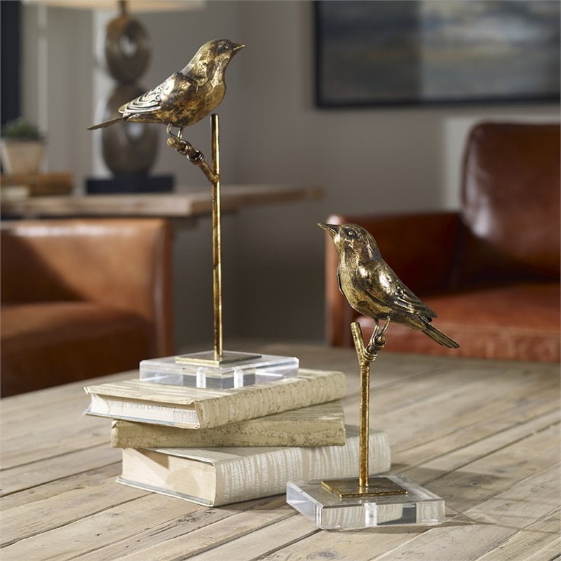 Uttermost Passerines 2-Piece Polyresin Metal Bird Sculpture Set in Antique Gold