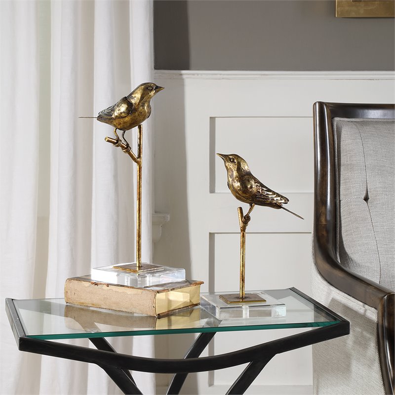 Uttermost Passerines 2-Piece Polyresin Metal Bird Sculpture Set in Antique Gold