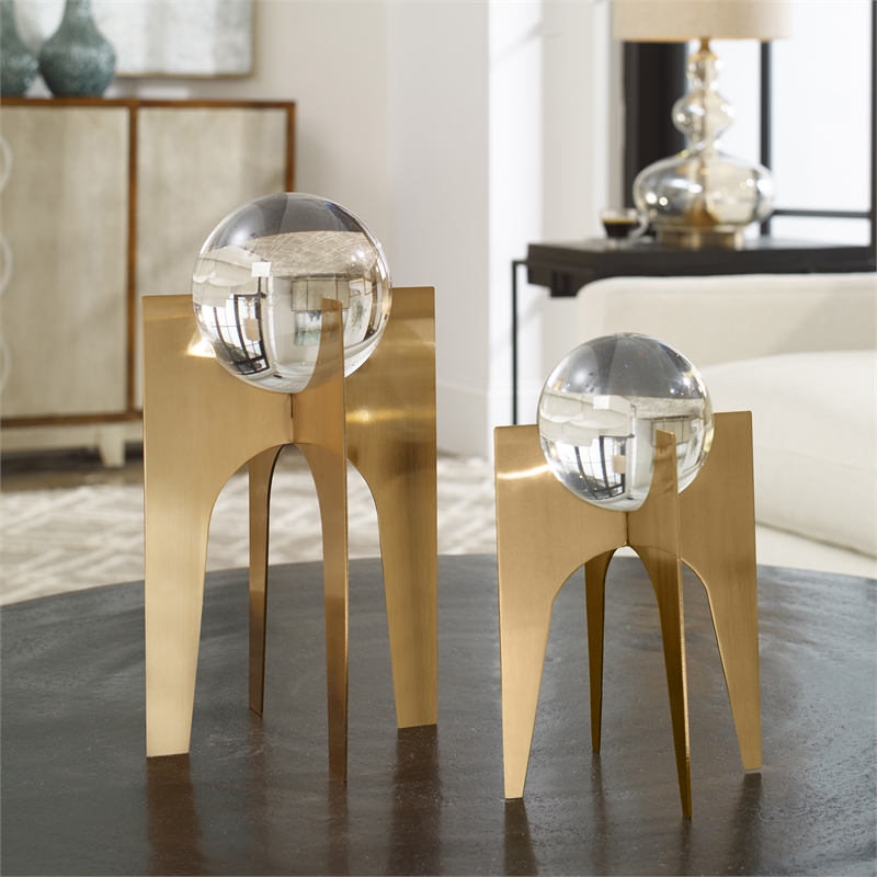 Uttermost Ellianna 2-Piece Crystal Stainless Steel Sphere Sculpture Set in Gold