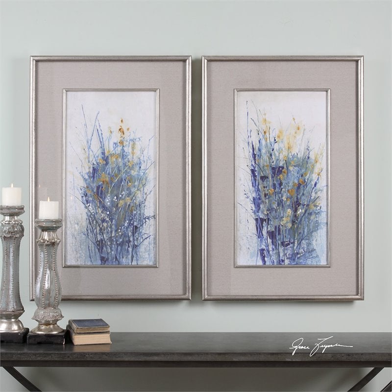 Uttermost Indigo Florals Fir Wood Framed Art in Multi-Color (Set of 2)