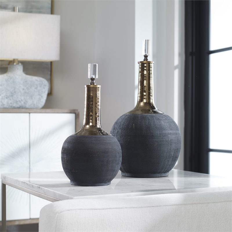 Uttermost Arnav 2-Piece Ceramic Crystal Metal Bottle Set in Matte Black and Gold