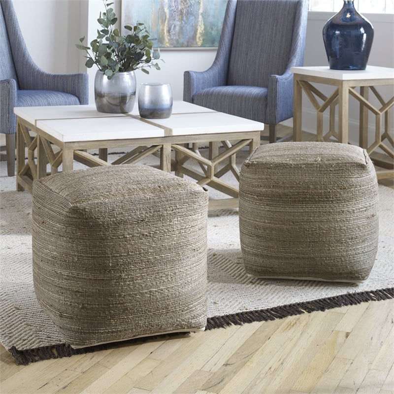 Uttermost Shiro Contemporary Hemp Pouf in Beige and Tan Finish