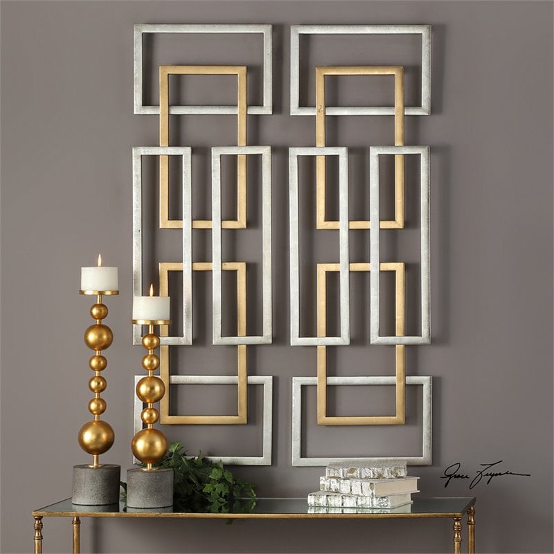 Uttermost Aerin 2-Piece Iron Geometric Wall Art Set in Antique Gold/Silver