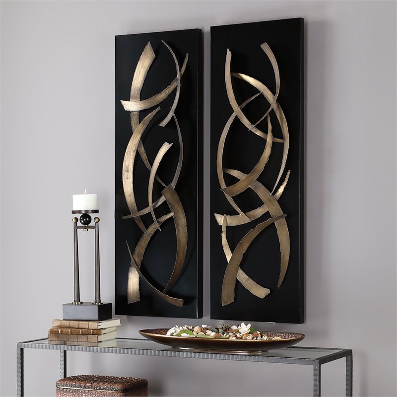 Uttermost Brushstrokes 2-Piece Contemporary Iron Wall Art Set in Gold/Black