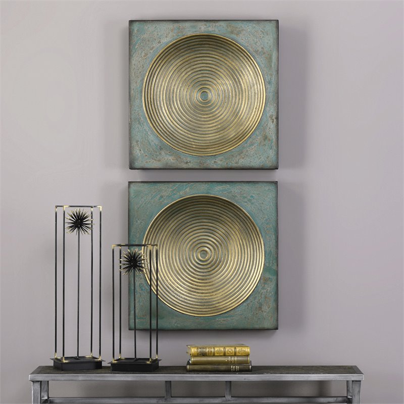 Uttermost Sybil Contemporary Metal Wall Panel in Antique Gold (Set of 2)