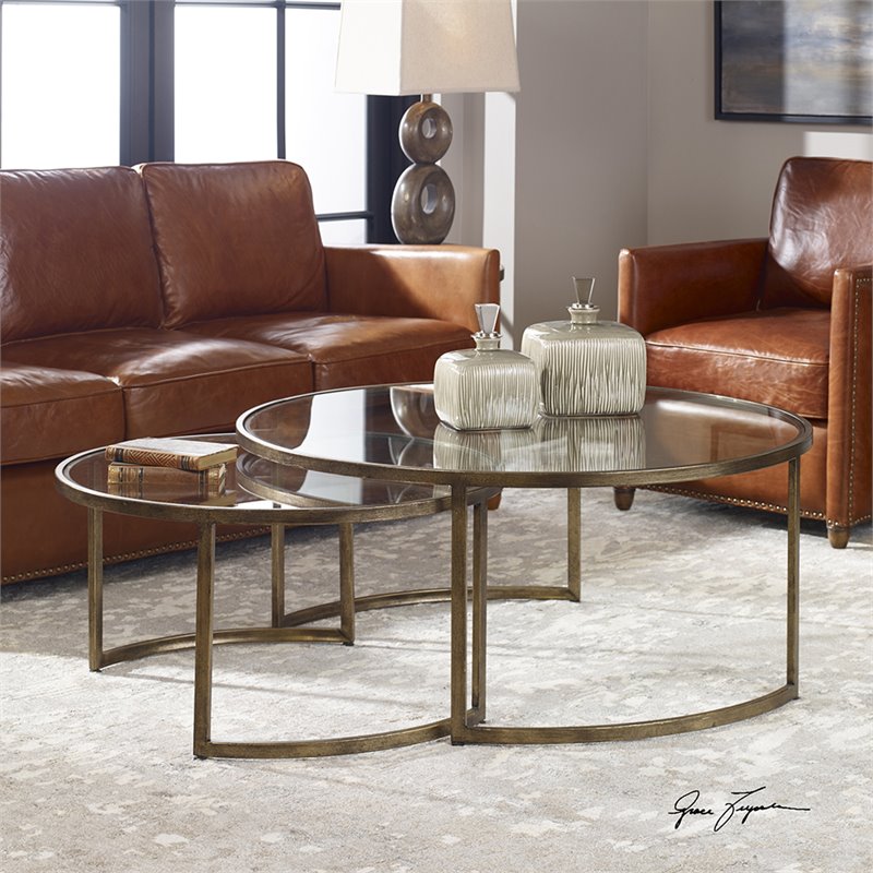 Uttermost Rhea 2-Piece Metal and Glass Top Nesting Coffee Table Set in Gold