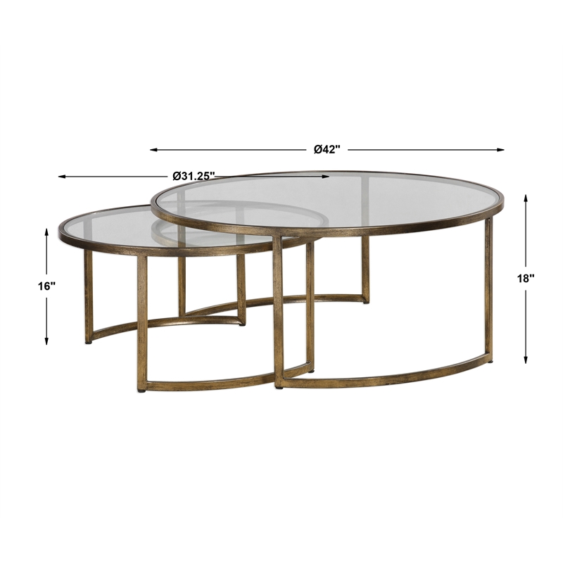 Uttermost Rhea 2-Piece Metal and Glass Top Nesting Coffee Table Set in Gold