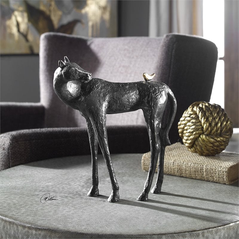 Uttermost Hello Friend Farmhouse Iron Horse Statue in Dark Brown and Bronze