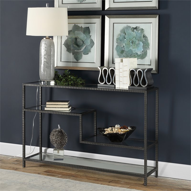 Uttermost Leo Iron and Glass Accent Console Table in Aged Gunmetal Gray