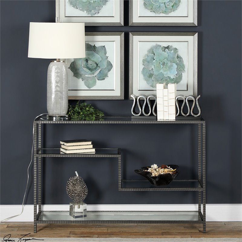 Uttermost Leo Iron and Glass Accent Console Table in Aged Gunmetal Gray