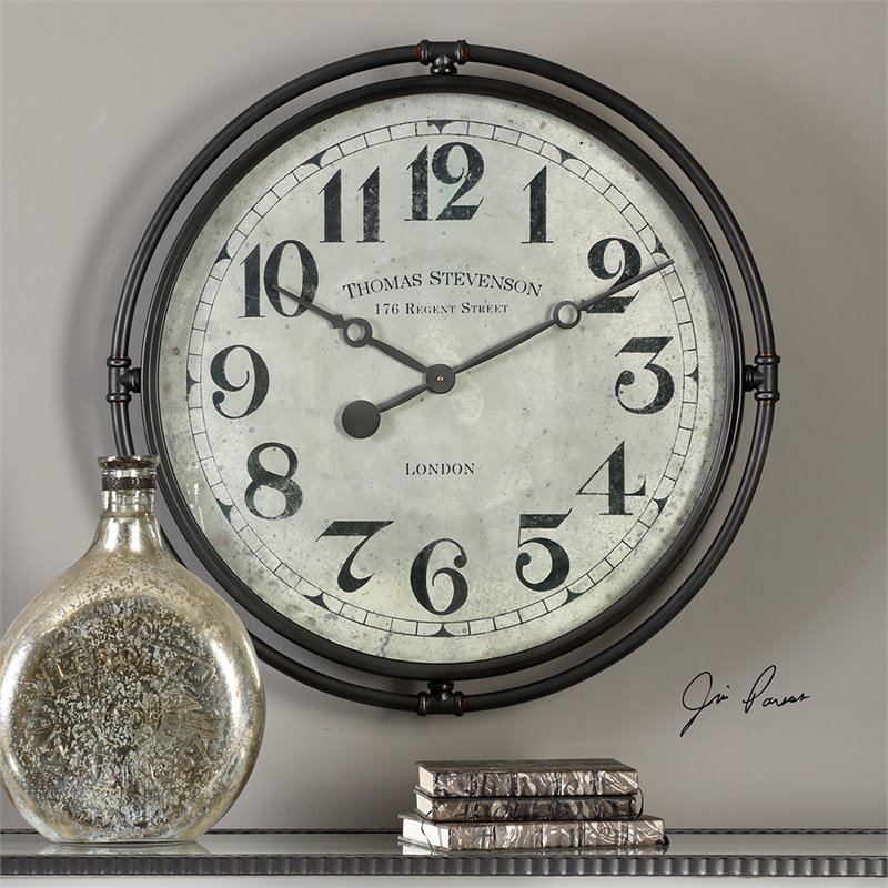 Uttermost Nakul Iron MDF and Glass Wall Clock in Smoke Gray and Aged Ivory