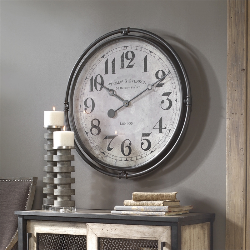 Uttermost Nakul Iron MDF and Glass Wall Clock in Smoke Gray and Aged Ivory