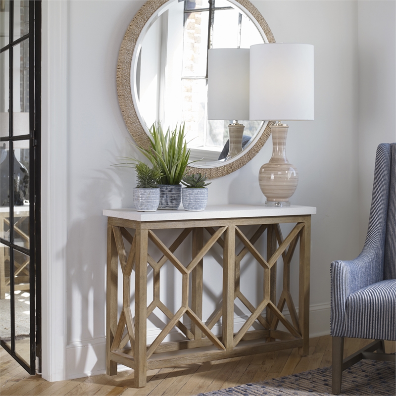 Uttermost Catali Wood and Stone Top Accent Console Table in Ivory and Oatmeal