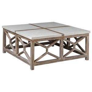 Uttermost Catali 40&quot Square Wood and Stone Top Coffee Table in Ivory/Oatmeal