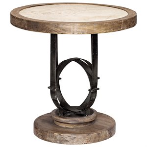 Uttermost Sydney 24&quot Round Metal Wood Stone Top Accent Table in Light Oak