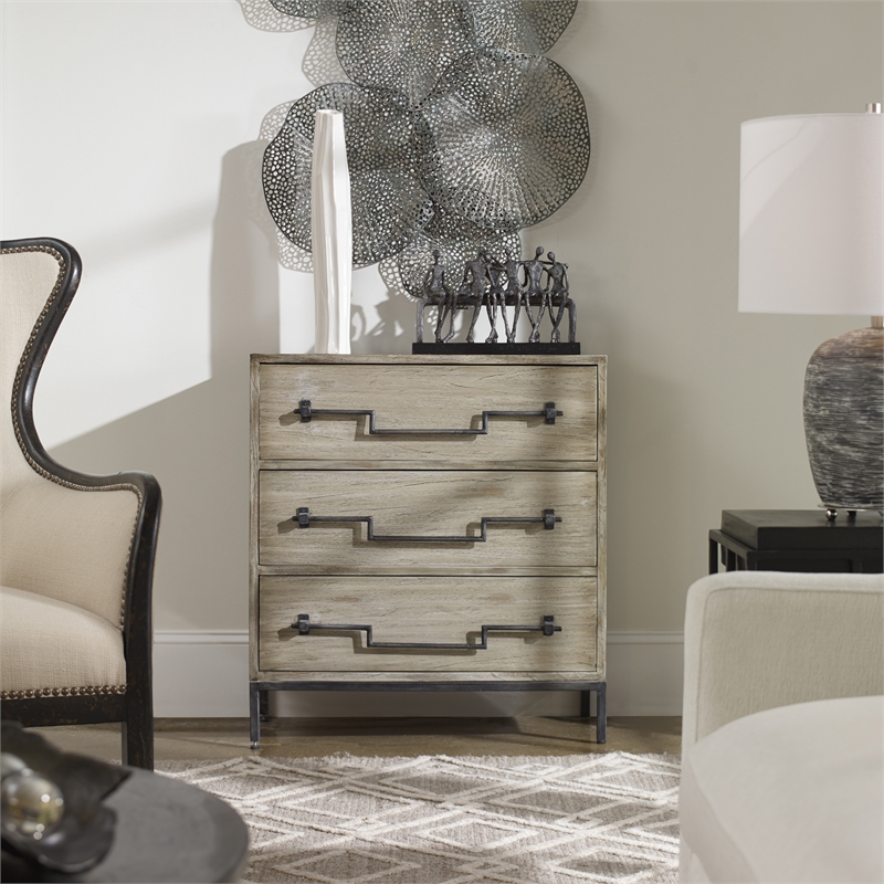 Uttermost Jory 3-Drawer Wood and Metal Accent Chest in Aged Ivory and Black