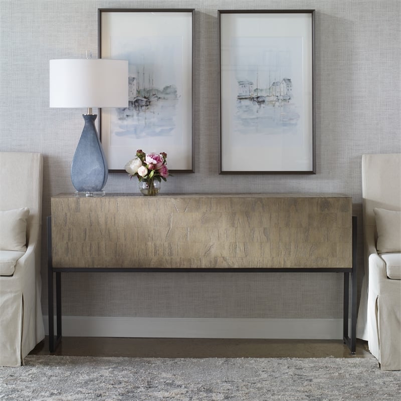 Uttermost Nevis Contemporary Wood and Metal Console Table in Oatmeal and Gray