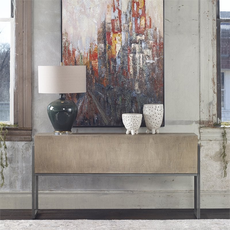 Uttermost Nevis Contemporary Wood and Metal Console Table in Oatmeal and Gray