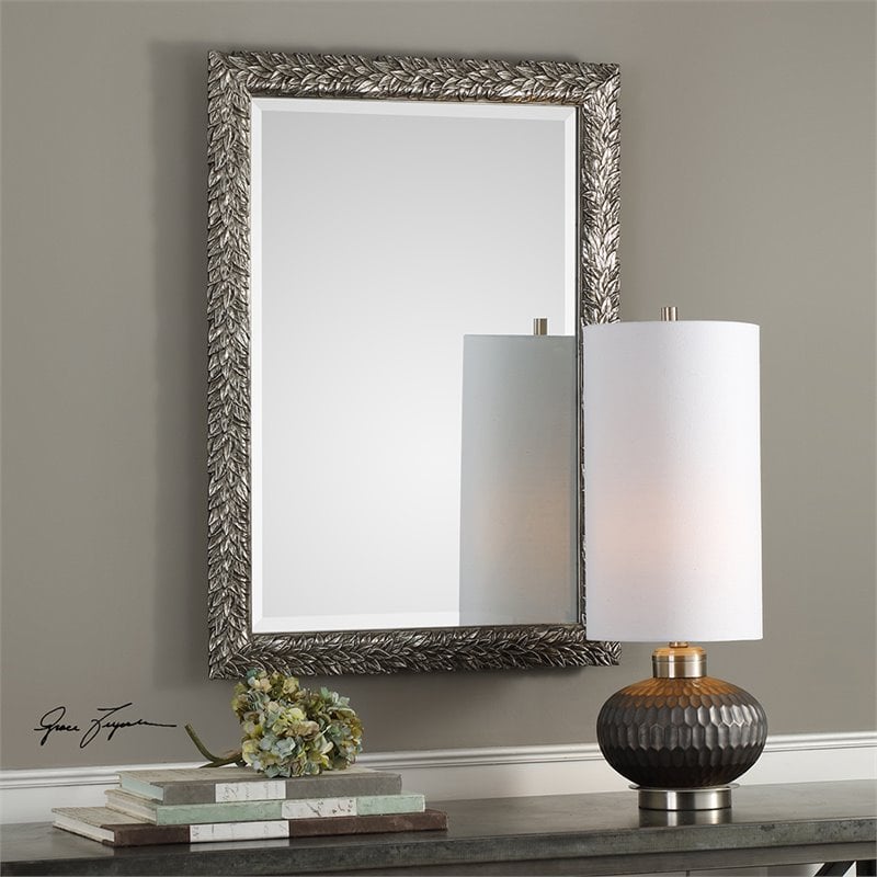 Uttermost Evelina MDF Wood Glass and Paper Leaves Decorative Mirror in Silver