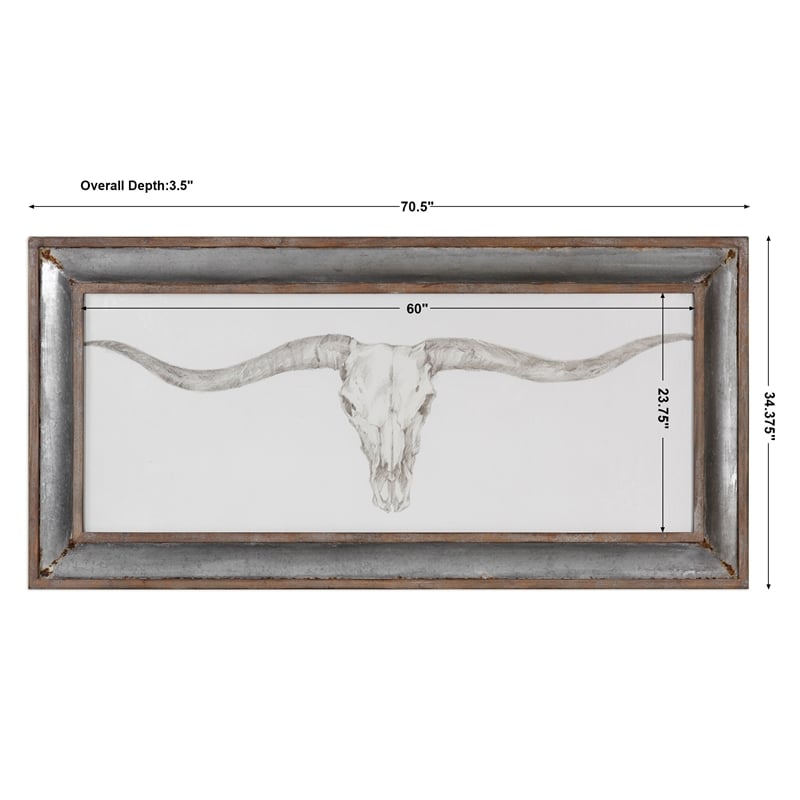 Uttermost Western Skull Mount Wood and Glass Print in Gray/Silver/White