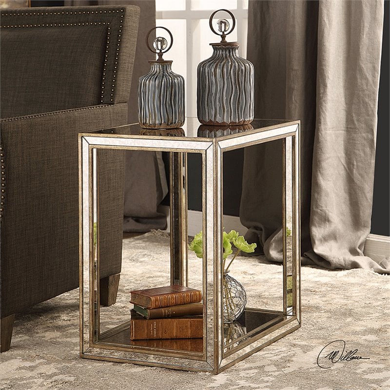 Uttermost Julie Contemporary MDF Wood Mirrored End Table in Antique Gold