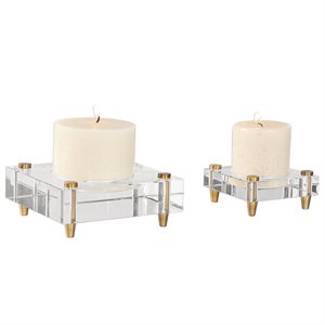 uttermost claire 2 piece crystal block candle holder set in brass