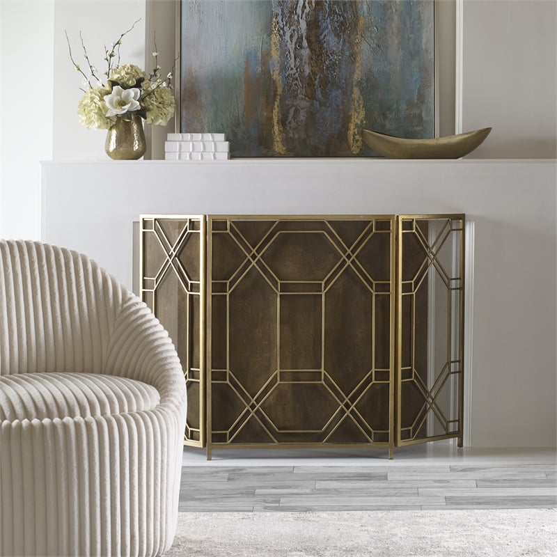 Uttermost Rosen Transitional Metal Fireplace Screen in Gold Finish
