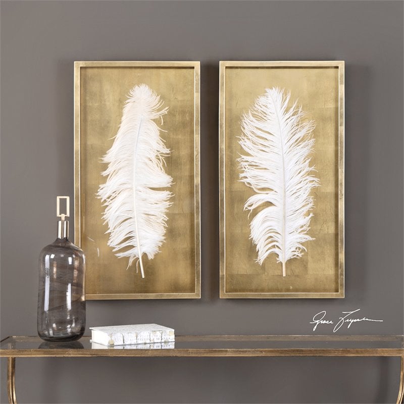 Uttermost White Feathers Wood Shadow Box in Gold/White (Set of 2)