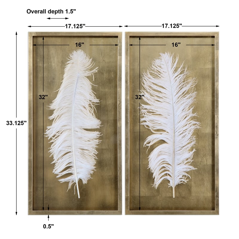 Uttermost White Feathers Wood Shadow Box in Gold/White (Set of 2)