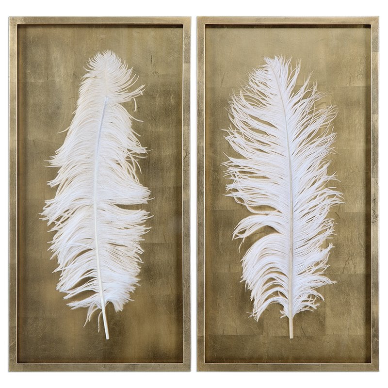 Uttermost White Feathers Wood Shadow Box in Gold/White (Set of 2)