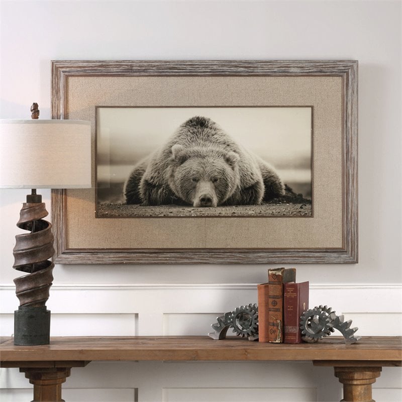 Uttermost Deep Sleep Traditional Wood and Glass Bear Print in Brown/White