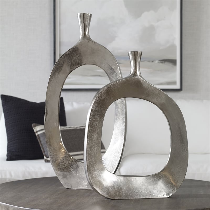 Uttermost Cierra 2-Piece Farmhouse Cast Aluminum Vase Set in Textured Nickel