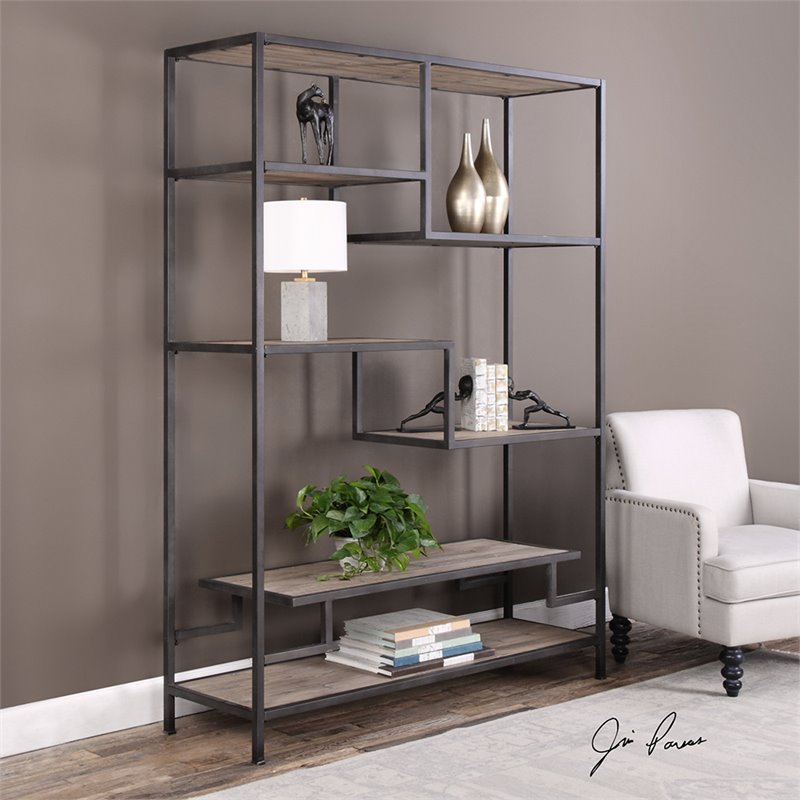 Uttermost Sherwin Recycled Pine and Iron Bookcase in Aged Black and Natural