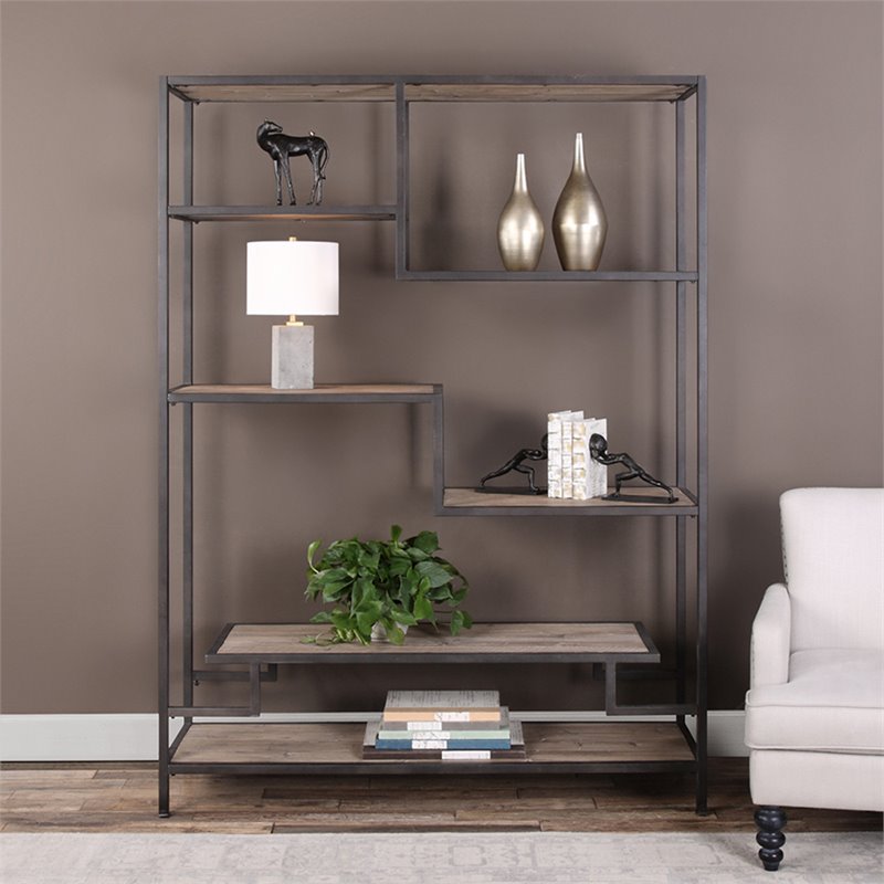 Uttermost Sherwin Recycled Pine and Iron Bookcase in Aged Black and Natural