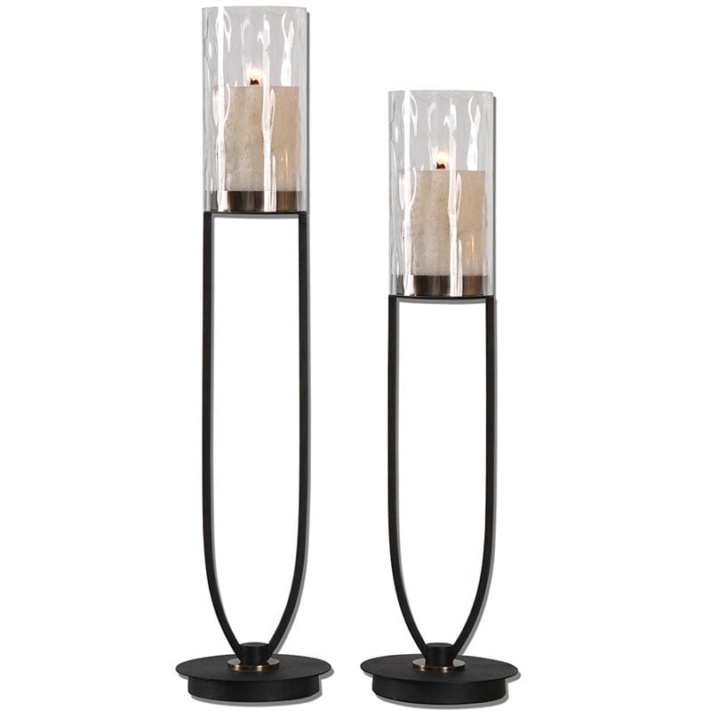 Uttermost Durga 2-Piece Metal and Glass Candle Holder Set in Matte Black/Beige
