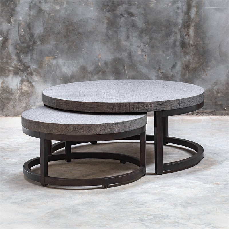 Uttermost Aiyara 2-Piece Coastal Wood Nesting Table Set in Gray and Black
