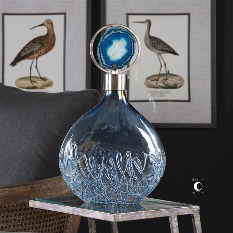 Uttermost Rae Coastal Iron and Glass Bottle in Sky Blue/Nickel