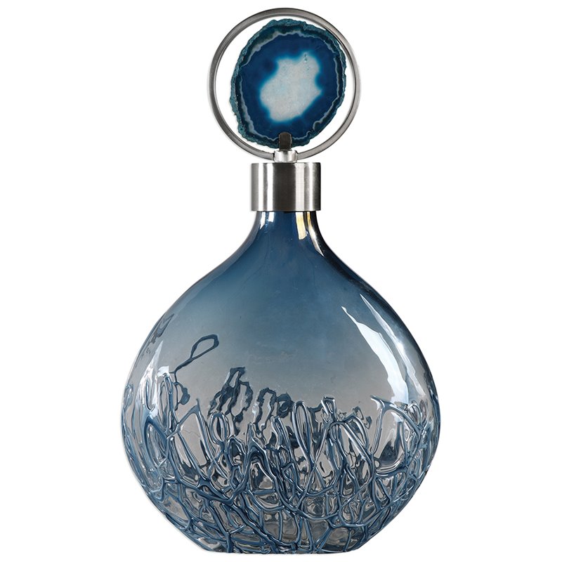 Uttermost Rae Coastal Iron and Glass Bottle in Sky Blue/Nickel