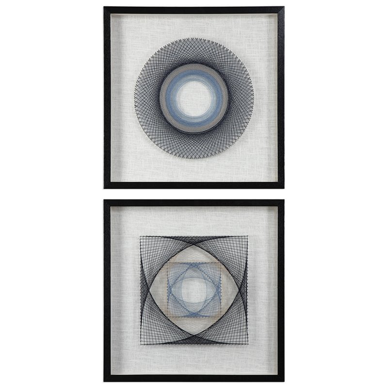 Uttermost String Duet Wood and Glass Geometric Art - Black/Blue/White (Set of 2)