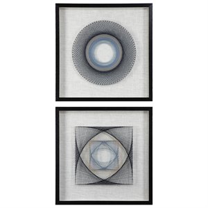 Uttermost String Duet Wood and Glass Geometric Art - Black/Blue/White (Set of 2)