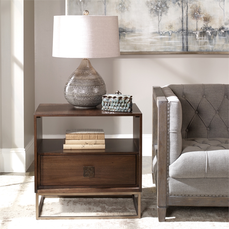 Uttermost Bexley 1-Drawer Contemporary Wood and Metal End Table in Walnut