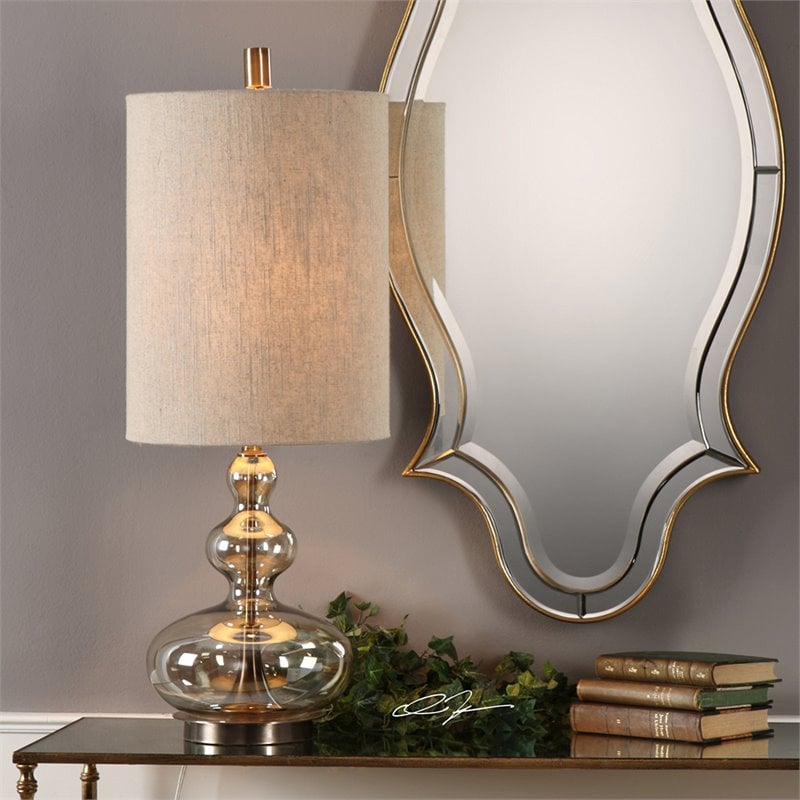 Uttermost Formoso Steel Glass and Fabric Table Lamp in Antique Brass and Khaki