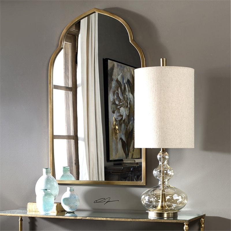 Uttermost Formoso Steel Glass and Fabric Table Lamp in Antique Brass and Khaki