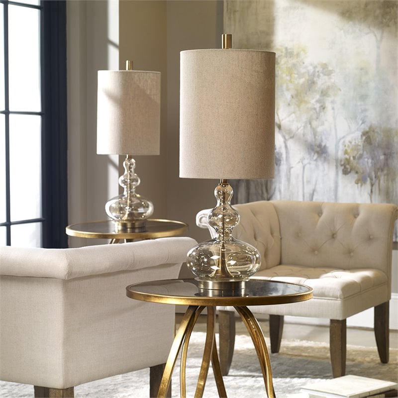 Uttermost Formoso Steel Glass and Fabric Table Lamp in Antique Brass and Khaki