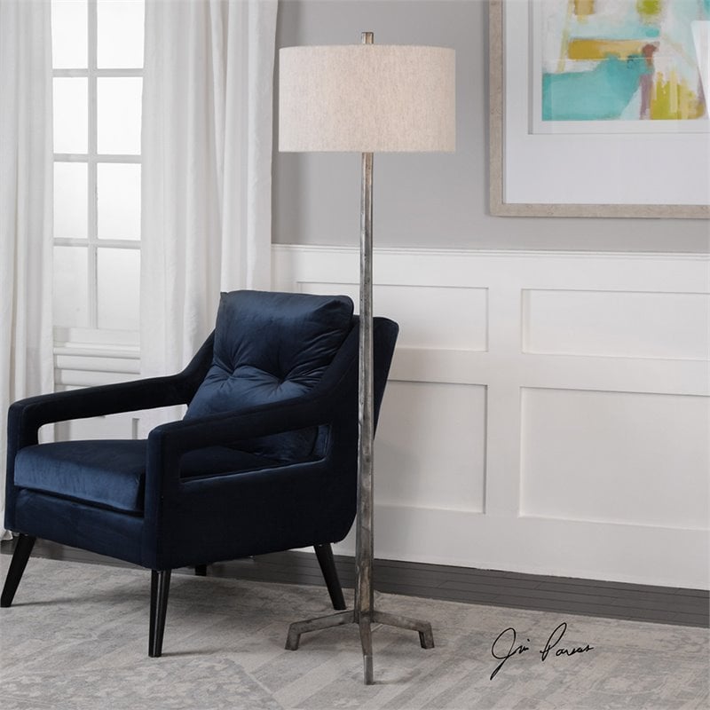 Uttermost Ivor Contemporary Cast Iron Floor Lamp in Silver and Light Beige