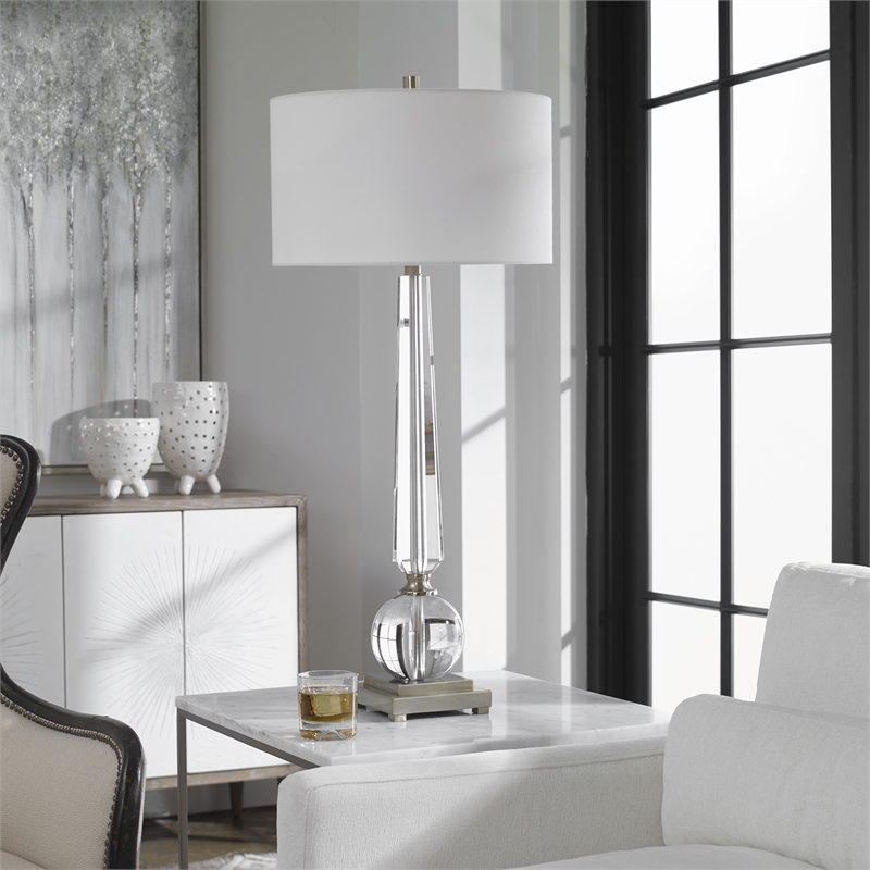 Uttermost Crista Steel Crystal and Fabric Table Lamp in Nickel and White